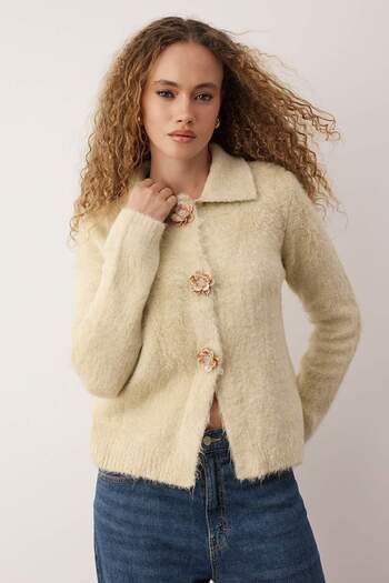 Trendyol Collection Stone Rose Button Detailed Boucle Yarn Knitwear Cardigan Twoaw26Hi00109