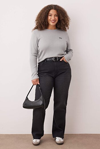 Trendyol Curve Gray Hair Braided Ribbon/Bow Embroidered Thin Knitwear Sweater Tbbaw26An00043