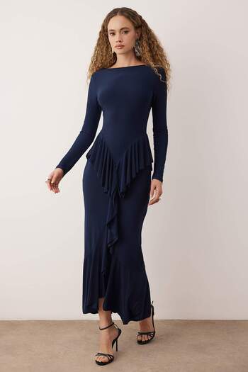 Trendyol Collection Navy Blue Bodycon Flounce Ruffle Maxi Stylish Evening Dress Night Graduation Dress Tpraw26El00070