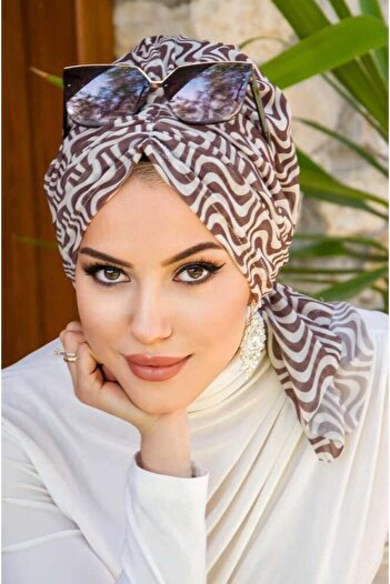 Aişe tesettür Brown Spiral Pattern Tulle Buckle Bonnet
