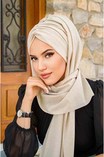 Aişe tesettür Ecru Glitter Butterfly Cross Banded Bonnet Shawl