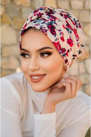 Aişe tesettür Bone Red Flower Patterned Bonnet with Twist Detail