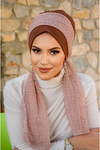 Aişe tesettür Caramel Beige Pattern Scarf Bonnet