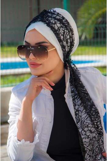 Aişe tesettür White Black Lace Scarf Bone-40602