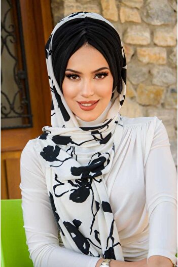 Aişe tesettür White Black Leaf Pattern Butterfly Model Shirred Bonnet Shawl