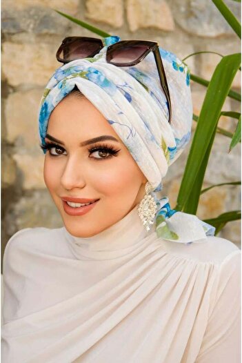Aişe tesettür White Blue Floral Buckle Bonnet