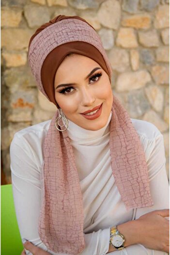 Aişe tesettür Caramel Beige Pattern Scarf Bonnet