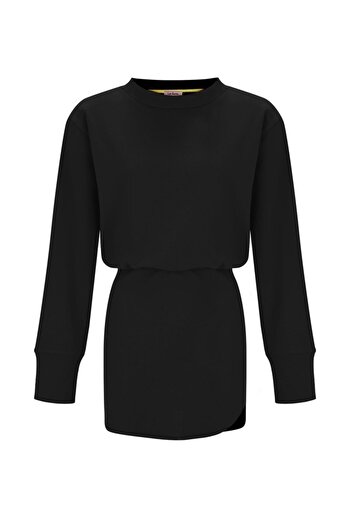 La Sarta Luna Women's Black Elastic Waist Skirt Oval Mini Slit Detailed Long Sleeve Sweat Dress