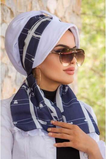 Aişe tesettür White Navy Blue Pattern Scarf Hat Bonnet