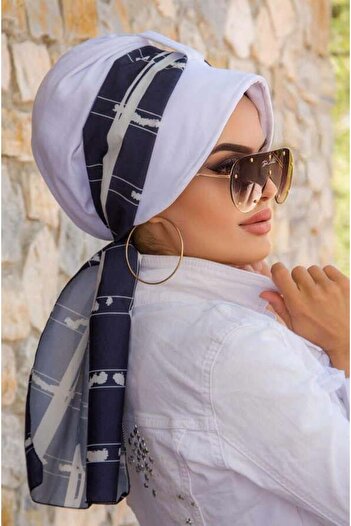 Aişe tesettür White Navy Blue Pattern Scarf Hat Bonnet