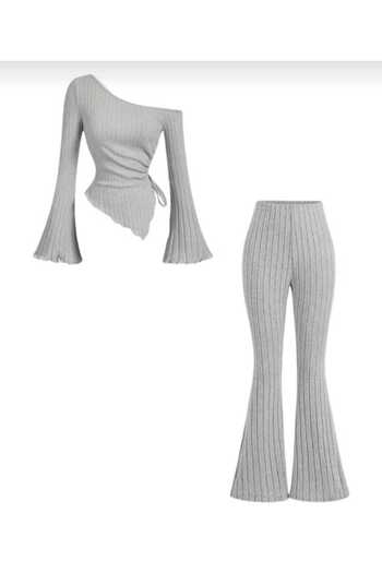 Lufthimm Stylish Asymmetric Ring Sleeve Lace-Up Top and Spanish Pants Set