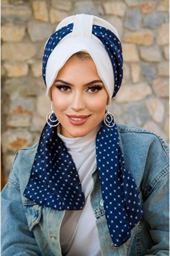 Aişe tesettür White Navy Blue Pattern Scarf Hat Bonnet