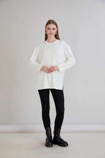 Sortie Spliced Stone Detailed Slit Neckline Tunic Ecru