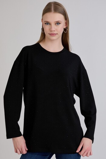 Sortie Spliced Stone Slit Neckline Tunic Black