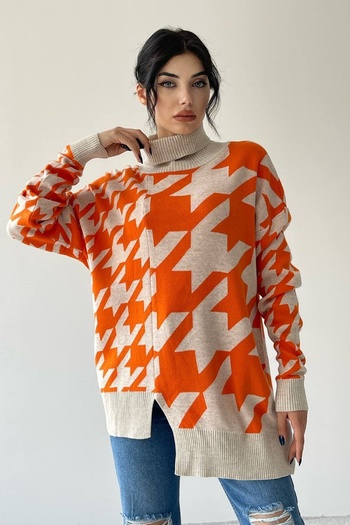 lovebox Women's Knitwear Fabric Turtleneck Asymmetrical Cut Oversize Sweater 193