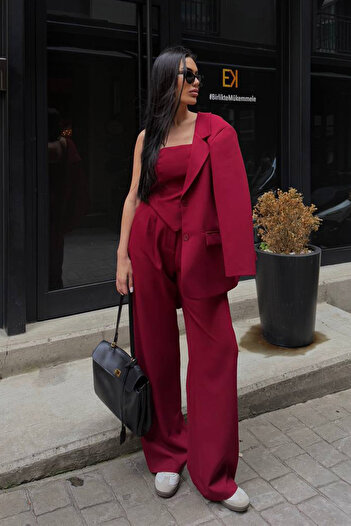 Ortaya Çık Burgundy Blazer Jacket Blouse Palazzo Pants 3 Piece Suit