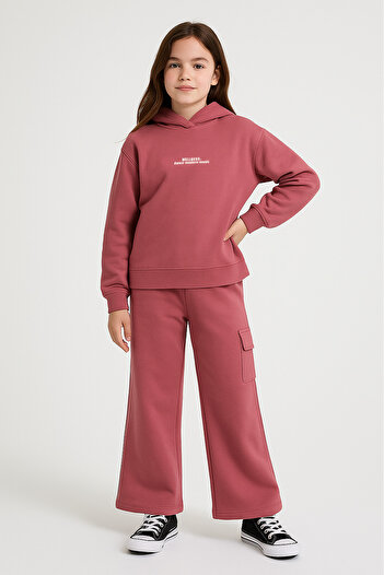 Divonette Girl's 100% Cotton Hooded Sweatshirt Wide Leg Pink Tracksuit Set