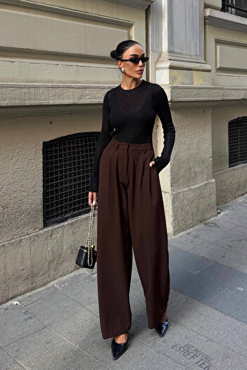 Ortaya Çık Brown Double Pleated Palazzo Trousers