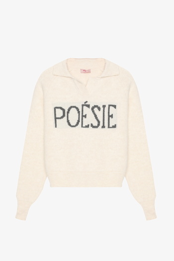 Quzu Text Patterned Polo Neck Knitwear Sweater Ecru