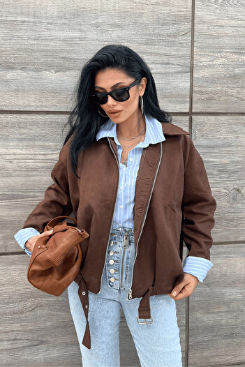 giyimmasalı Woven Suede Fabric Bomber Jacket - Dark Brown