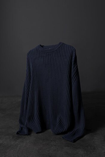 Slatra Men's Indigo Thick Corded Wool Blended Crew Neck Oversize Sweater
