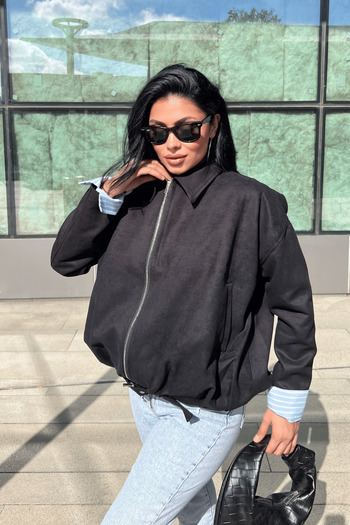 giyimmasalı Woven Suede Fabric Bomber Jacket - Anthracite