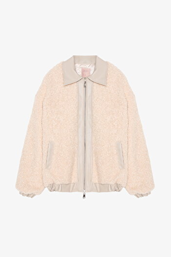 Quzu Leather Garnished Plush Short Coat Beige