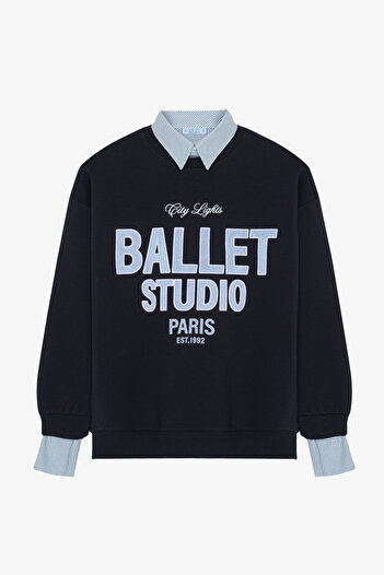 Quzu Shirt Garnili Oversize Printed Sweatshirt Navy Blue