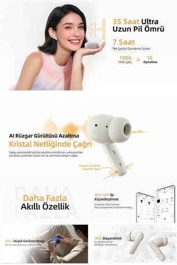 QCY Buds Bluetooth Kulaklık Ipx4 35 Saat Ultra Uzun Pil Ömrü Düşük Gecikme 0.06s Aı Siyah