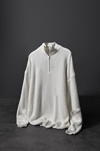 Slatra Men's Ecru Half Zipper Oversize Knitted Sweater