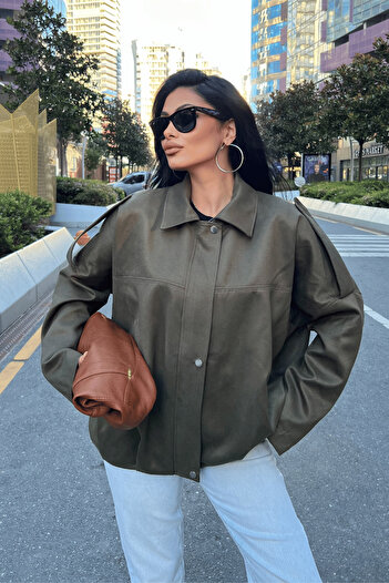 giyimmasalı Woven Suede Fabric Epaulet Bomber Jacket - KHAKI GREEN