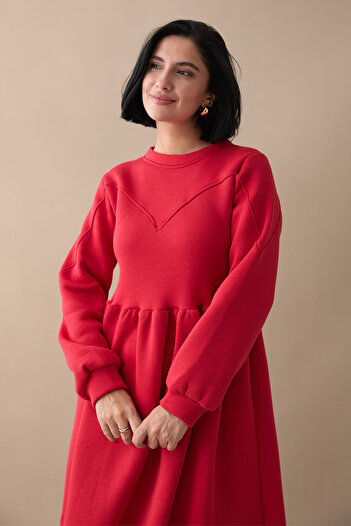 InStyle Elenor Balloon Sleeve Dress - Red