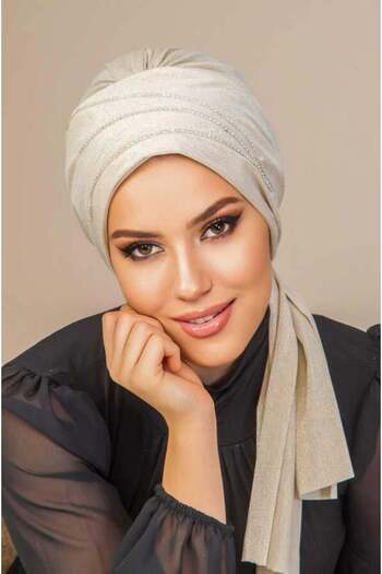 Aişe tesettür Ecru Stoned Evening Dress with Scarf Bonnet