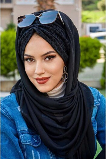 Aişe tesettür Black Patterned Drawstring Shawl