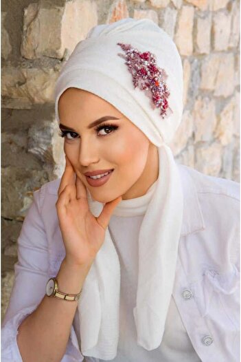 Aişe tesettür White Burgundy Embroidered Scarf Evening Dress Bonnet - 60101