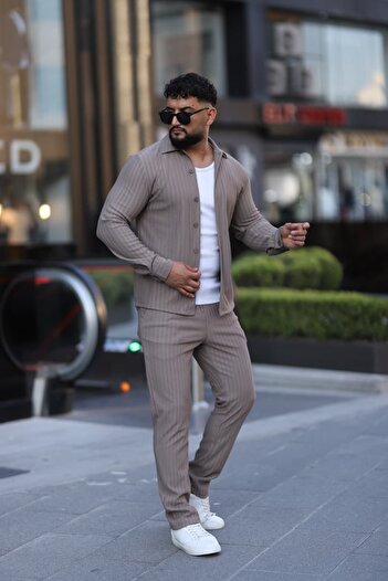 L-KOM Çizgili Slim Fit 2li Takım (Gömlek & Pantolon) - Pamuklu Rahat Takım Elbise