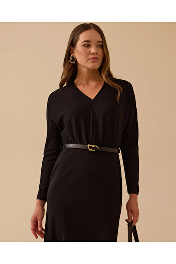 SEÇİL V-Neck Batwing Sleeve Belted Dress