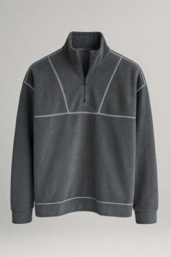 Valiberta Crowe Stripe Oversize Half Zipper Fleece Men's Sweatshirt - Smoked