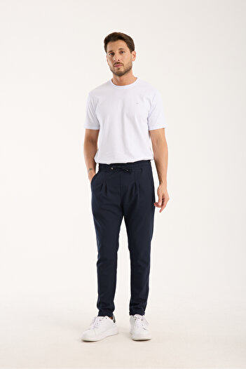 OneZero Men's Jogger Pleated Waist Elasticated Lace-Up Lycra Navy Blue Trousers