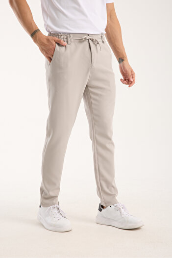 OneZero Men's Jogger Elastic Waist Buttoned Zippered Lace-Up Lycra Beige Trousers