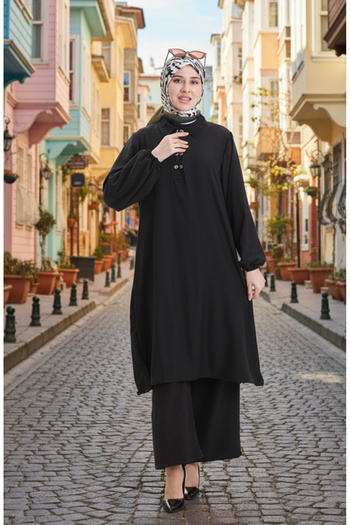 sefamerve Shirt Collar Tunic Trousers Double Set 0123-06 Black