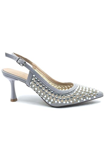 KCMN Feles Open Back Emerald Stone Detailed Stiletto Women's Shoes Silver