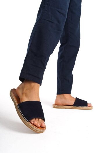 Mubiano Genuine Leather Summer Men's Suede Jute Sole Navy Blue Espadrille Slippers -Mssr122-Lcv