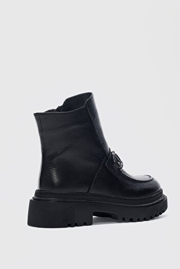 selinshoes Melodi Genuine Leather Front Buckle Detailed Zippered Boots - Black Leather