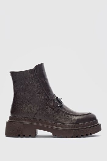 selinshoes Melodi Genuine Leather Front Buckle Detailed Zippered Boots - Bitter Brown
