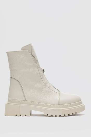 selinshoes Mena Genuine Leather Blunt Toe Women's Boots with Zipper Accessories on the Front - Ecru