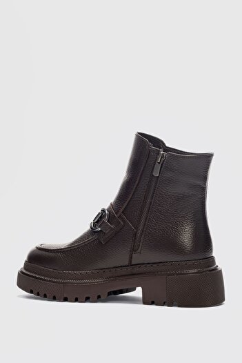 selinshoes Melodi  Hakiki Deri Önden Toka Detaylı Fermuarlı Bot- Acı Kahve