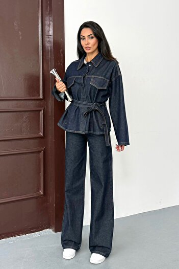 Ortaya Çık Navy Blue Belted Jacket Pants Denim Suit
