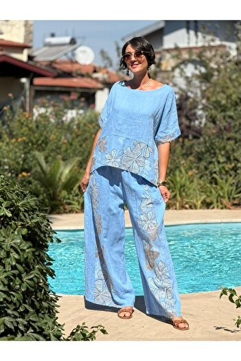 Punta Otantik Nc61253 Italian Floral Printed Linen Suit Blue