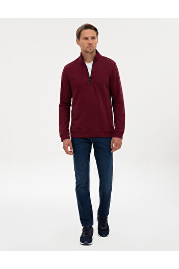 Pierre Cardin Bordo 3 İplik Regular Fit Fermuarlı Dik Yaka Basic Sweatshirt 50314044-VR014